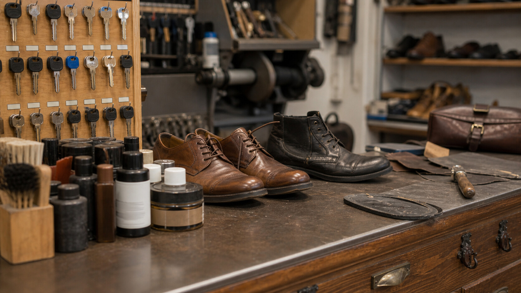 Comptoir de cordonnerie avec clés, cirages et chaussures à réparer