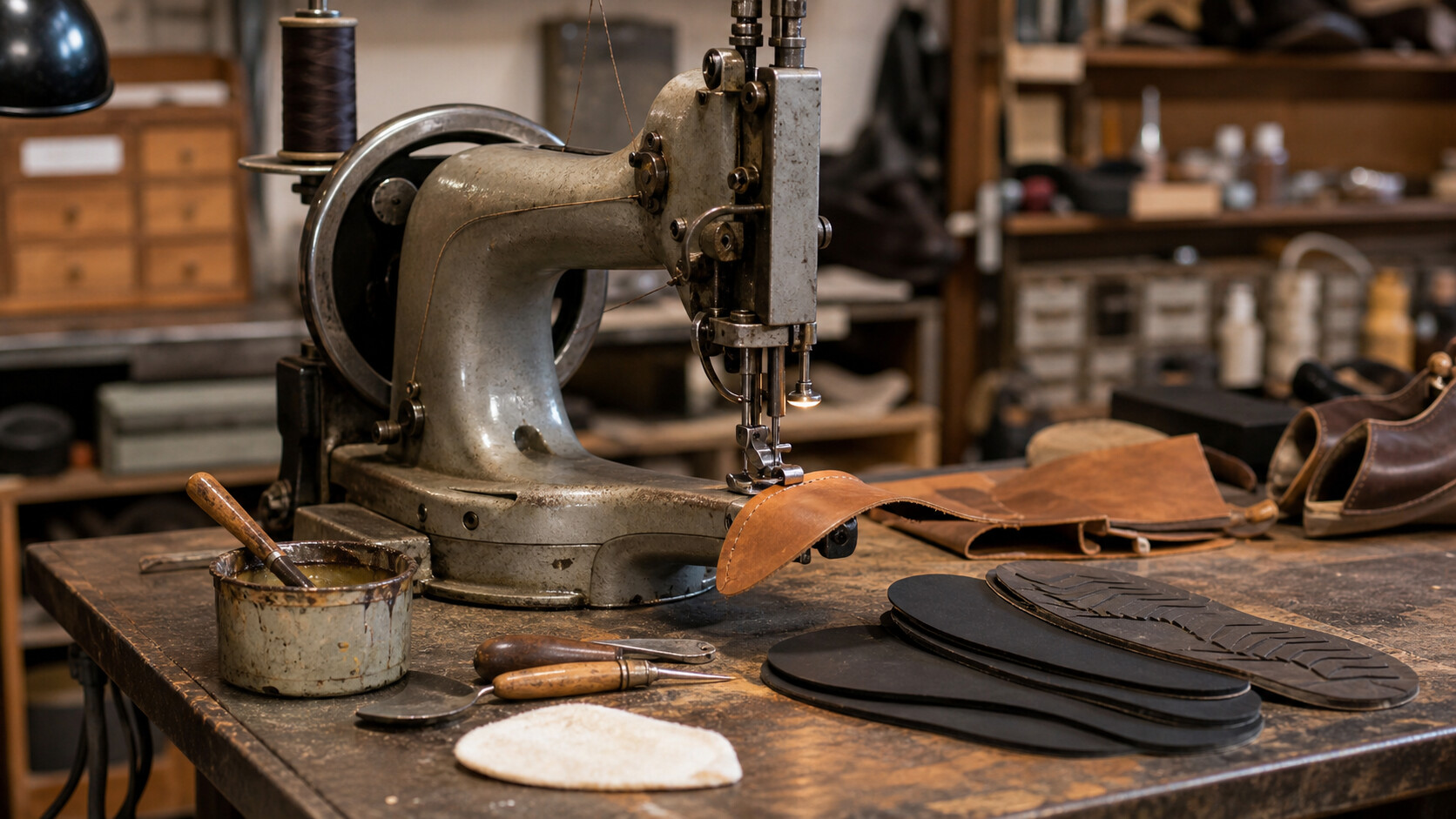 Machine de cordonnier avec cuir, colle et semelles sur l'établi