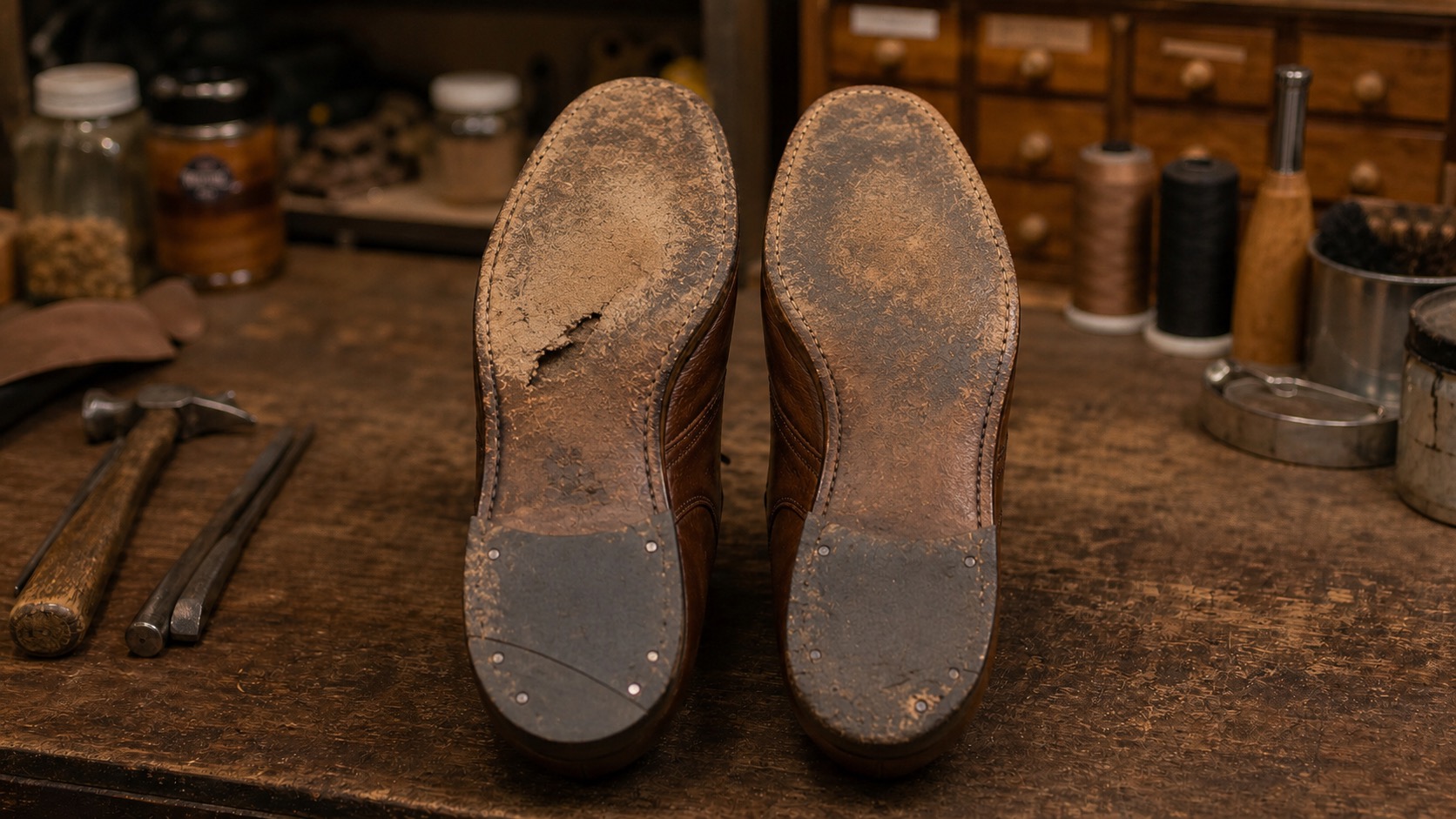 Paire de chaussures posée côte à côte pour comparer l'usure